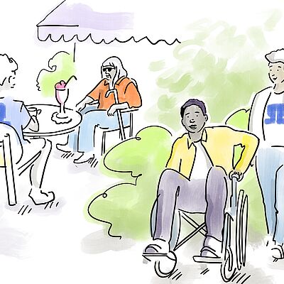 Zeichnung von 4 Personen, die im Grünen sitzen, eine Person sitzt im Rollstuhl, eine andere trägt einen Blindenstock